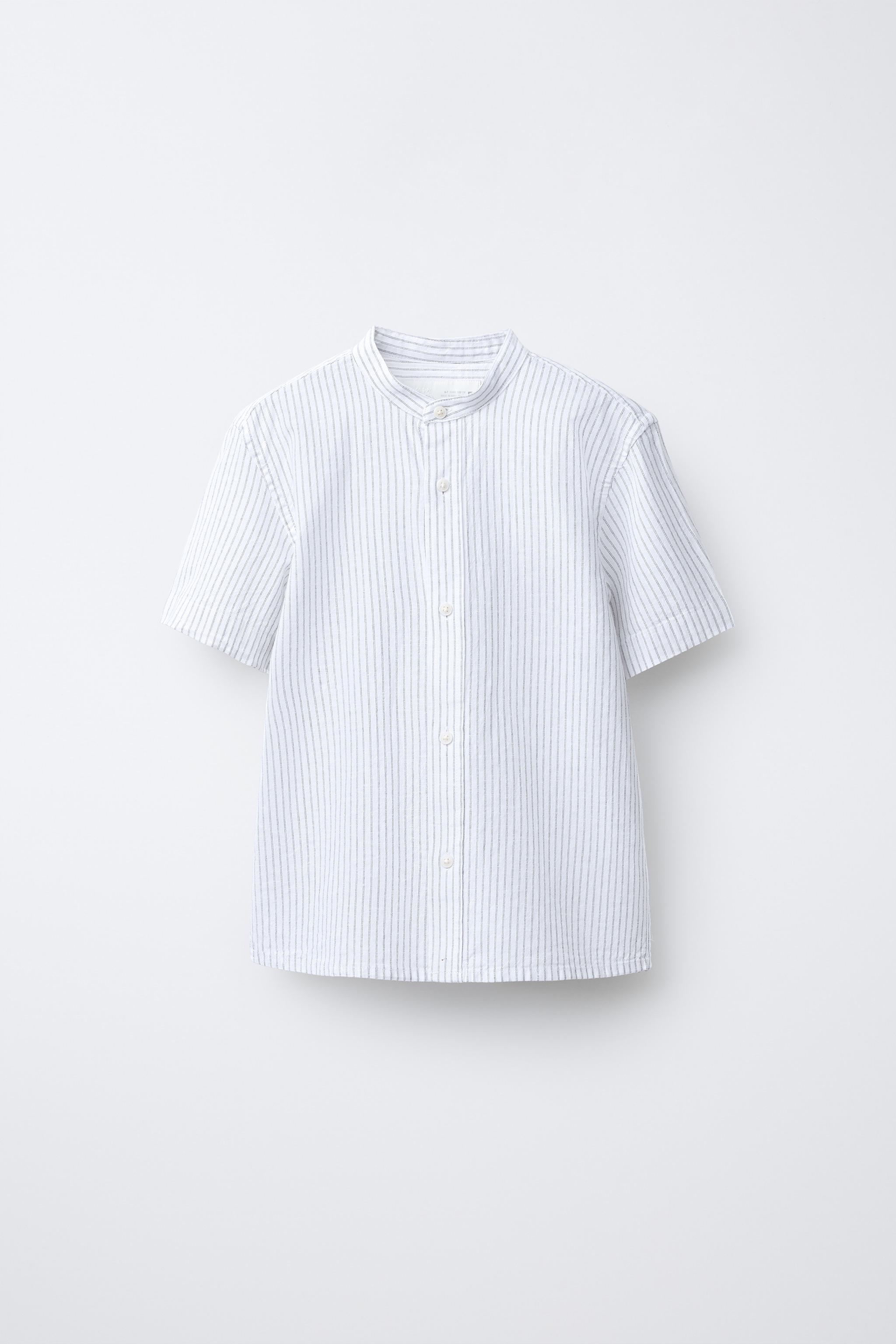 CHEMISE COL MAO À RAYURES COTON ET LIN